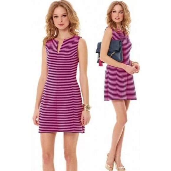 Lilly Pulitzer Brielle Pink & Navy Blue Striped Knit Fit & Flare Mini Dress - L - Picture 1 of 8